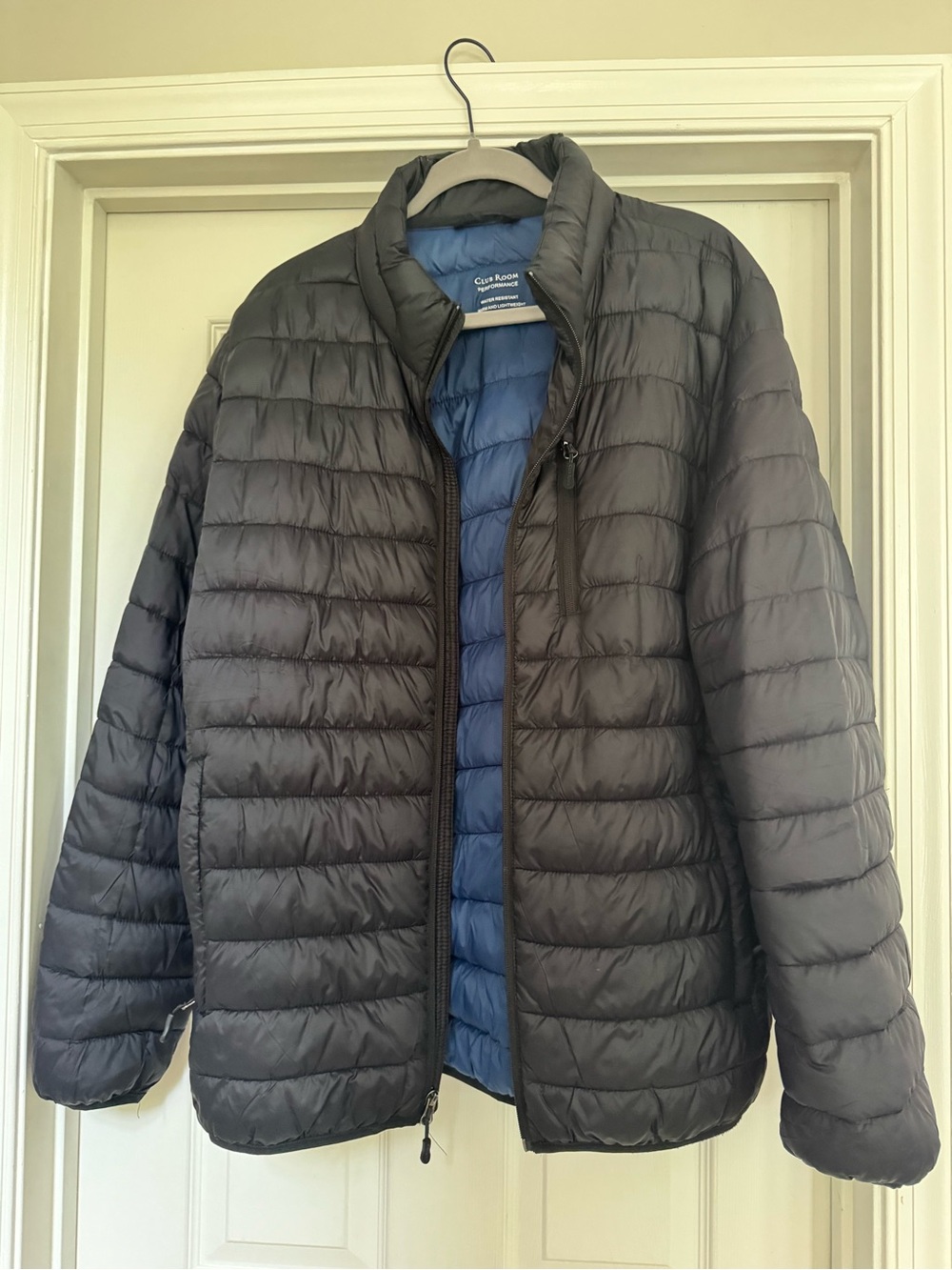 Club Room Men's Quilted Puffer Jacket in Black with Blue Lining